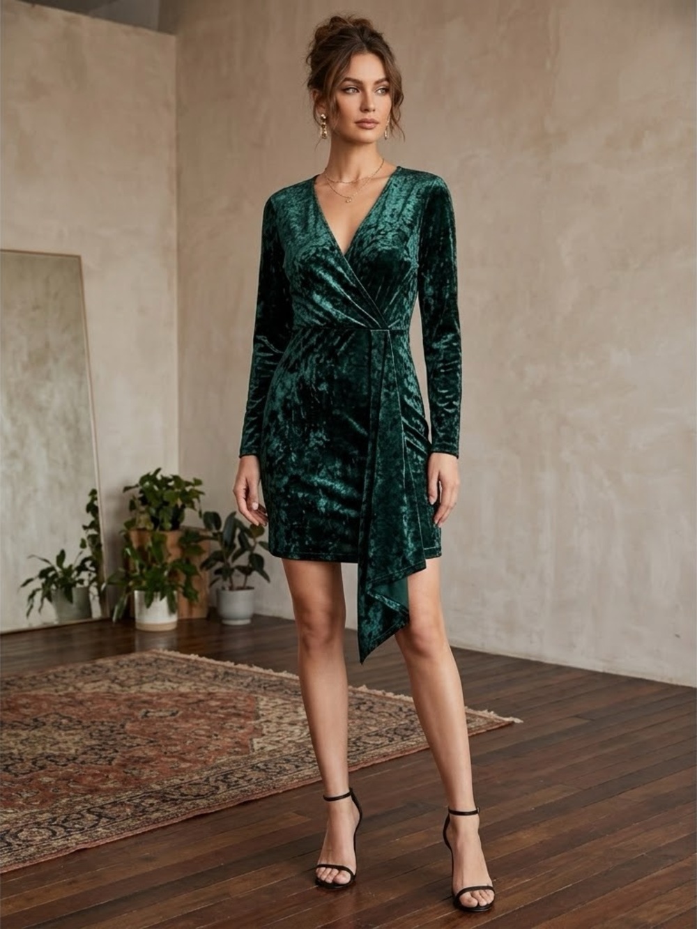 Sbetro Emerald Green Crushed Velvet Wrap Mini Dress NWT Size Small